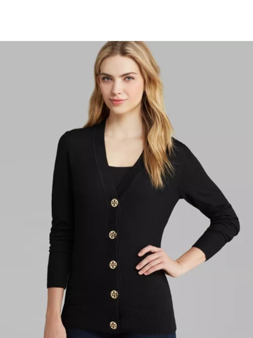 Tory Burch Black V-Neck Button-Front Cardigan with Gold Buttons